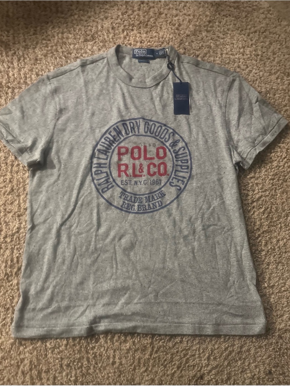Polo by Ralph Lauren Heather Gray Short Sleeve Logo Tee with Red & Navy Print